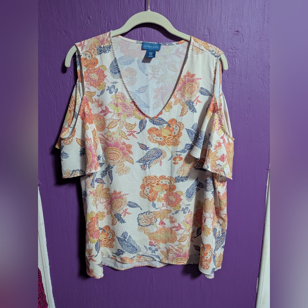 💜 Antibes Blanc Cream Floral Cold Shoulder Short Sleeve V-Neck Top XL 16